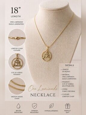 18” Gold Laminated Eye of Horus Necklace CZ Egyptian Pendant